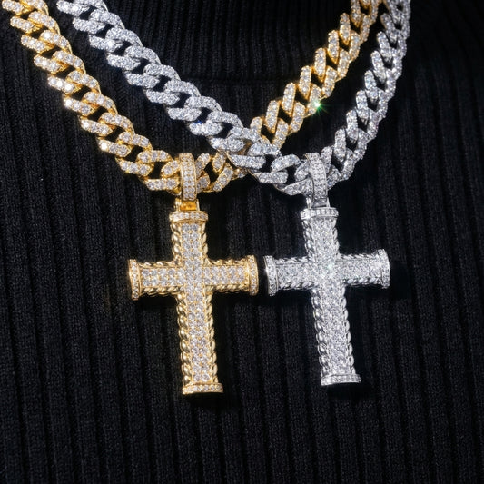 Clean white or light gray background — the classic moissanite cross pendant displayed on a bust form or flat surface. The clean, traditional silhouette catches soft light, showcasing the moissanite center stone or accents with understated brilliance.