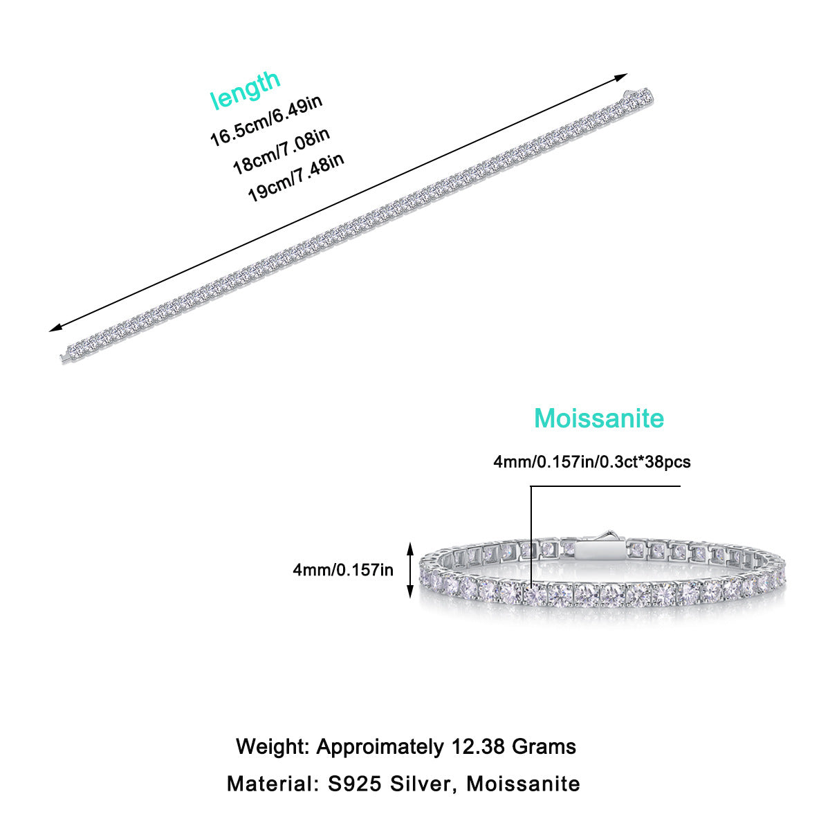 Measurement chart of a silver bracelet with moissanite stones on a white background