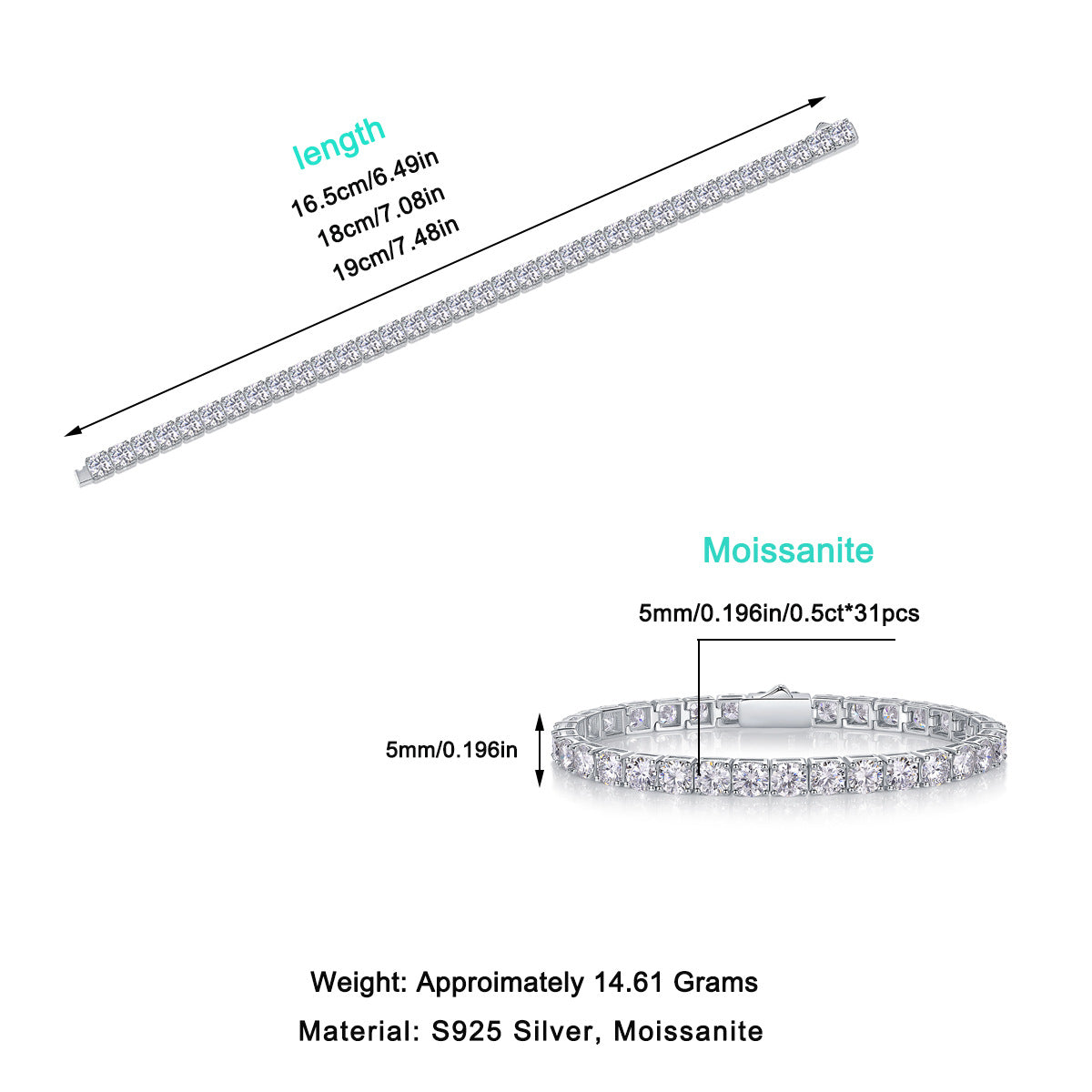 Classic Moissanite Tennis Bracelet – 18K Yellow GoldBracelet with measurements and material details on a white background