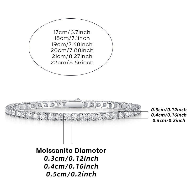 Classic Moissanite Tennis Bracelet – 18K Yellow GoldBracelet with moissanite stones and size measurement chart on a white background