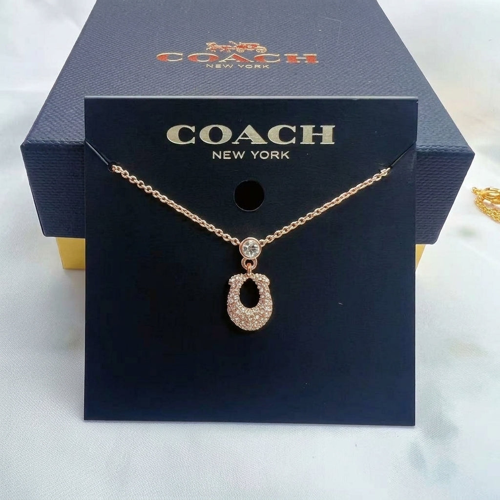 A Coach New York necklace displayed on a black branded card, with the matching box behind it. The necklace has a rose-gold chain and a horseshoe-shaped pendant set with small clear stones.