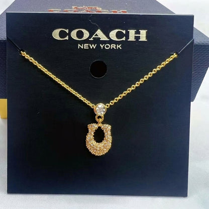 A gold horseshoe-shaped pendant necklace with a clear crystal center, displayed on a black Coach New York branded card.