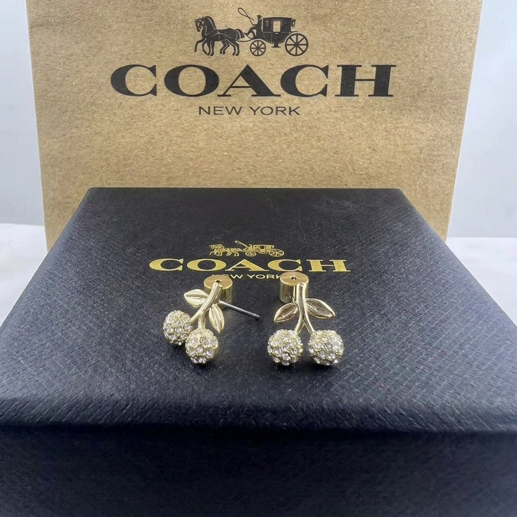 A pair of gold-tone Coach New York earrings with crystal-encrusted cherry motifs, displayed on a black textured Coach box with the brand's signature brown paper bag in the background.
