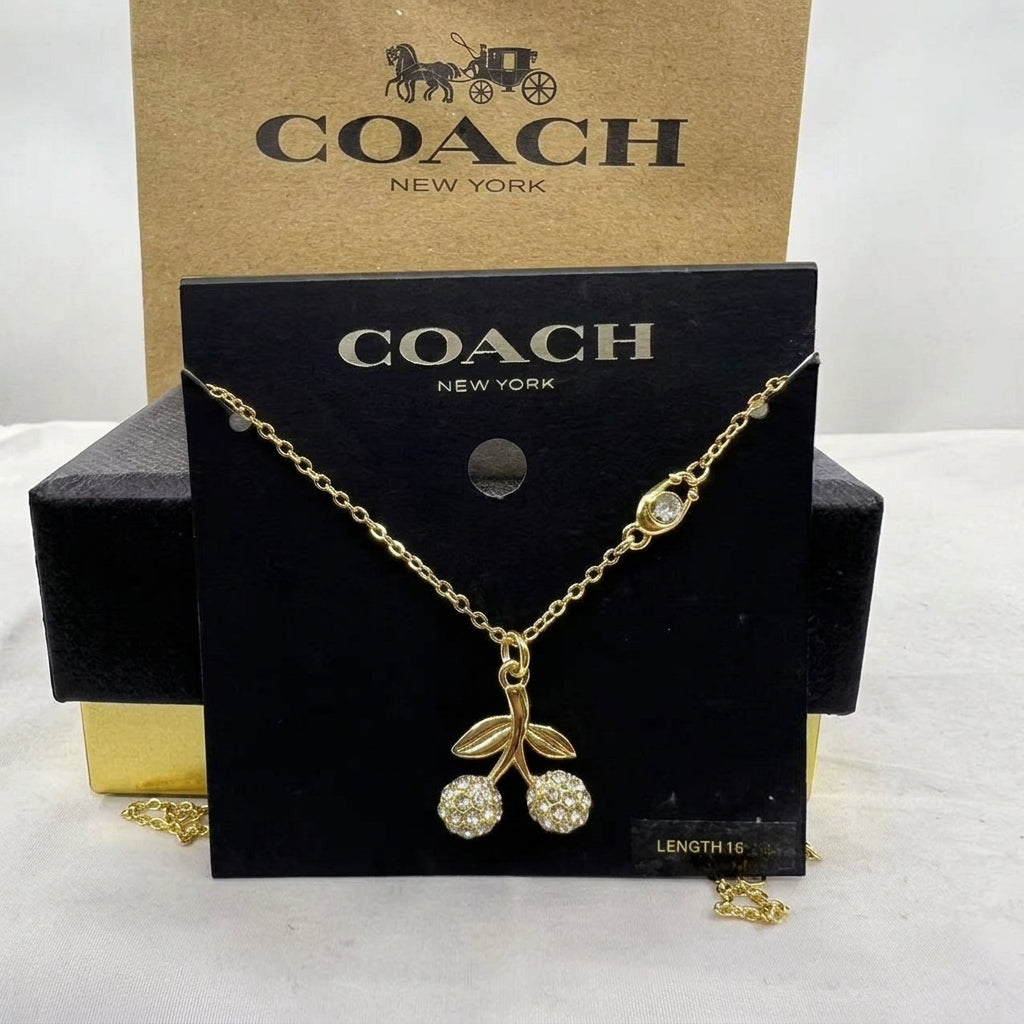A Coach New York gold necklace with a cherry pendant displayed on a black branded card, with the Coach box behind it.