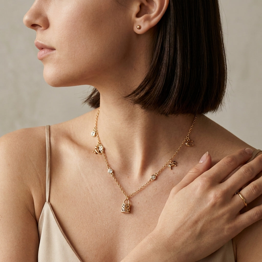 A close-up lifestyle shot of a woman wearing a delicate gold necklace with small animal charms and clear crystal accents, paired with a beige camisole top.