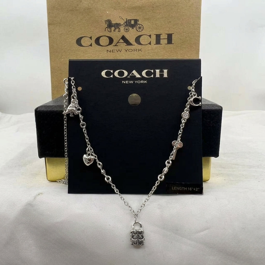A Coach New York silver charm necklace displayed on a black branded card, with a kraft Coach box behind it on a white fabric surface.