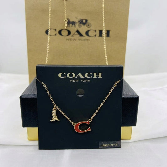 A Coach New York necklace displayed on a black branded card, with a gold-tone chain, a small dog charm, and a red letter C pendant. A Coach New York box and bag are visible in the background.