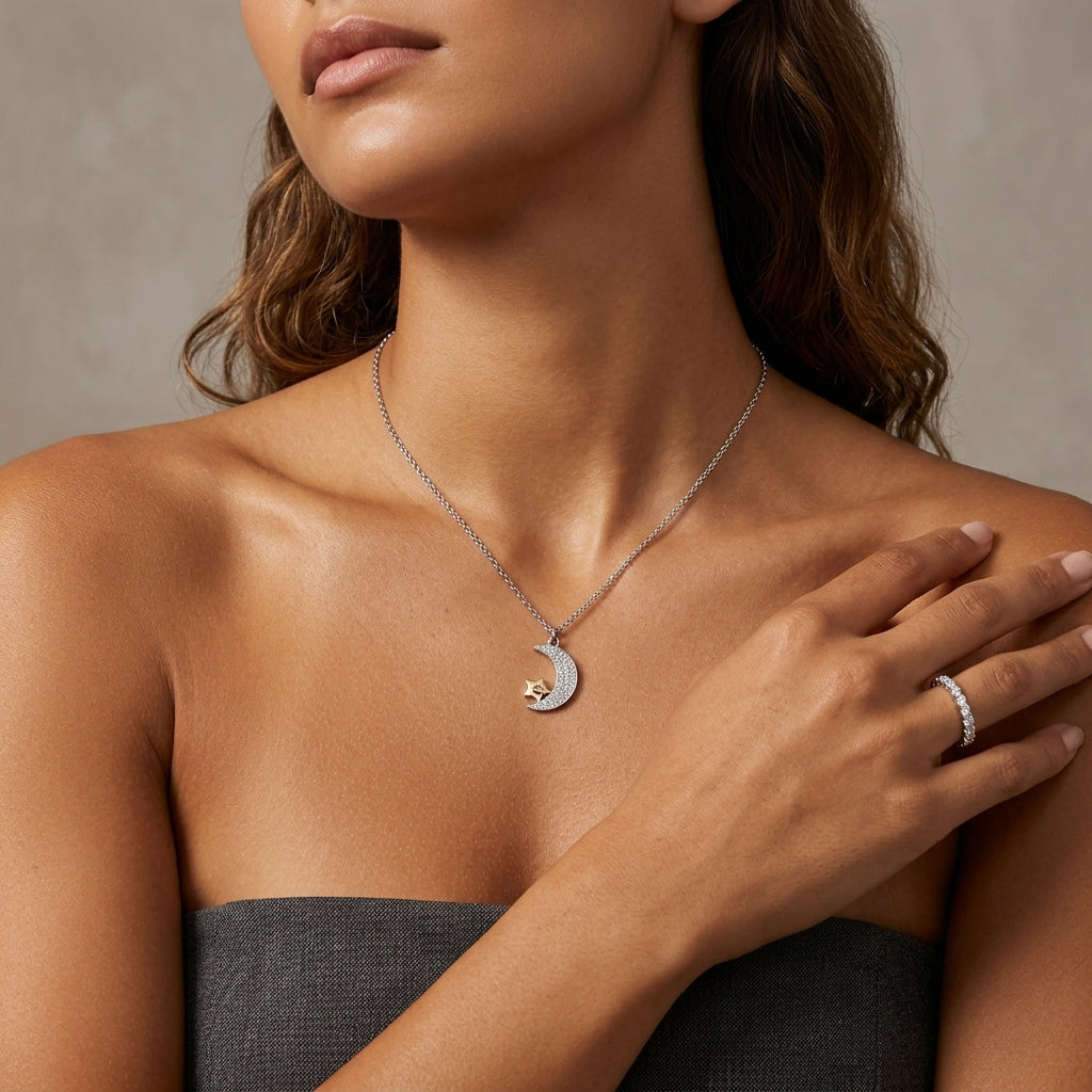A close-up of a woman wearing a silver crescent moon pendant necklace with a small gold star detail, paired with a silver ring on her finger.