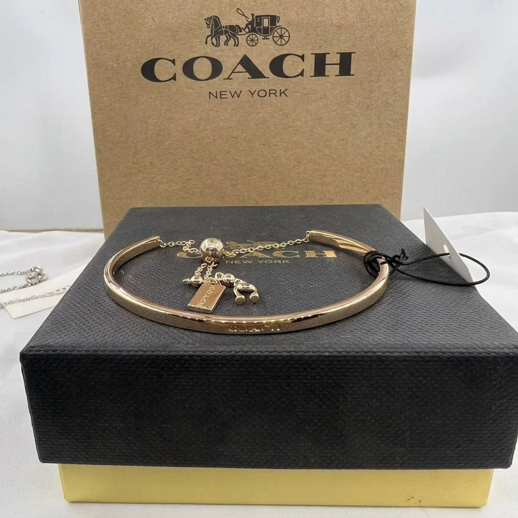 A gold-tone Coach charm bracelet displayed on a black textured box with a gold-tone base, in front of a brown Coach New York box.