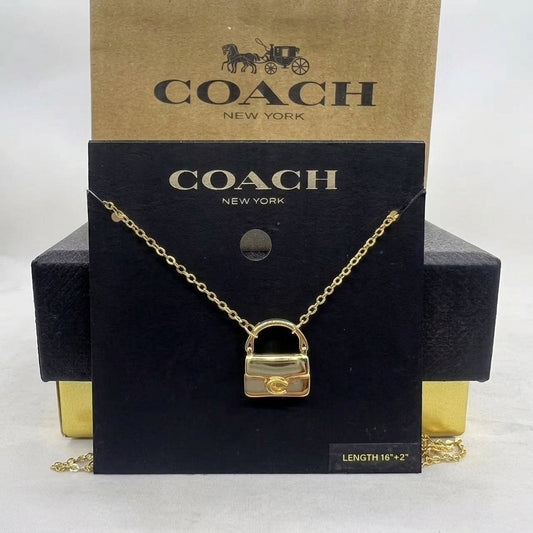 A gold-tone Coach New York padlock necklace displayed on a black branded card, with a brown Coach box behind it on a light neutral background.