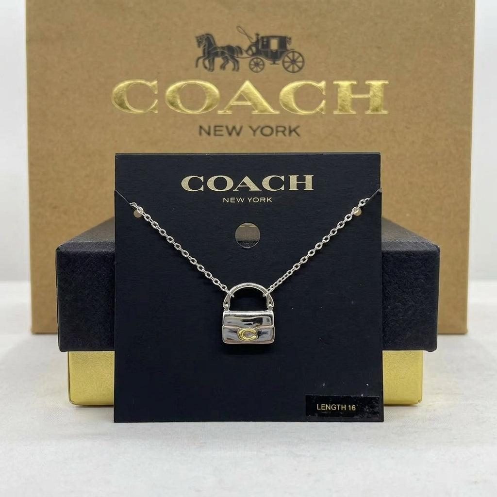 A silver padlock necklace on a black display card, with a gold-tone Coach New York box behind it.