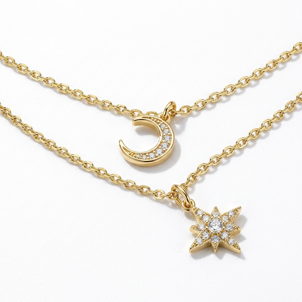 Macro, layered necklaces in 45° diagonal parallel layout, even spacing, mirror-polished gold, bright clean lighting, sharp stone brilliance, white textured background, soft shadow, ultra-detailed.