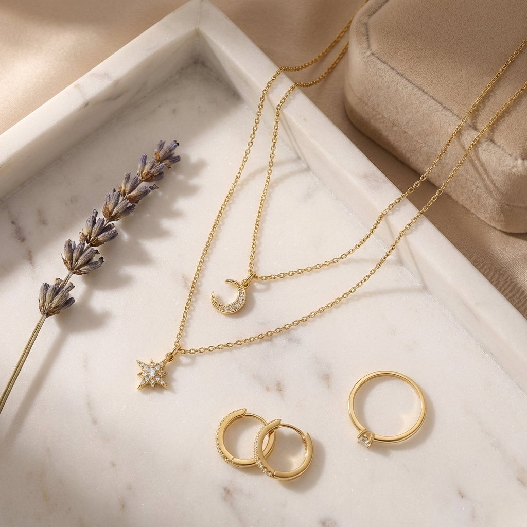 Top-down, necklaces on marble tray, styled with earrings, ring, dried flower, velvet box, warm soft tones, balanced composition, clean e-commerce aesthetic, high resolution.