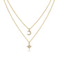 Clean white background — the crescent moon moissanite pendant and star pendant, each on its own chain, layered elegantly on a bust form. The moon catches light, showcasing sparkling moissanite accents; the star sits slightly lower or higher depending on chain lengths. Chains drape smoothly without tangling.
