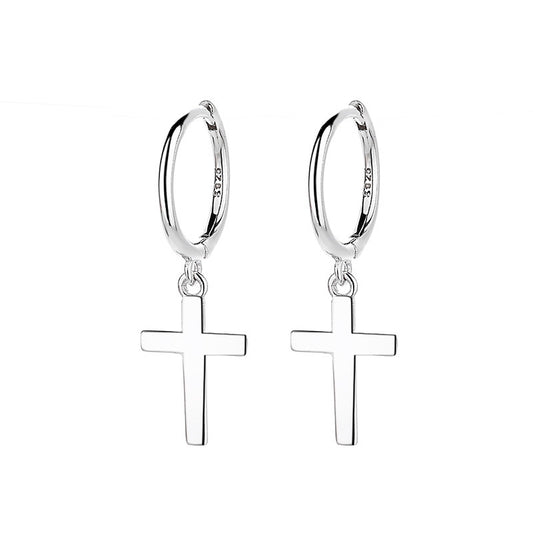 Gold cross hoop earrings on soft white background. Alt: “Gold Cross Hoop Earrings – Religious Symbol Jewelry.