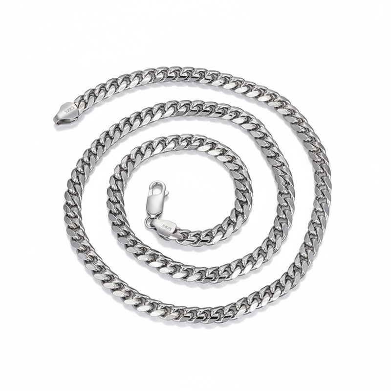 Cuban_Link_Chain_6mm_925_Sterling_silver_for_man-2Silver chain necklace on a white background
