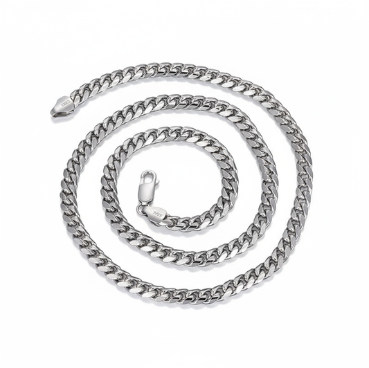 Cuban_Link_Chain_6mm_925_Sterling_silver_for_man-2Silver chain necklace on a white background