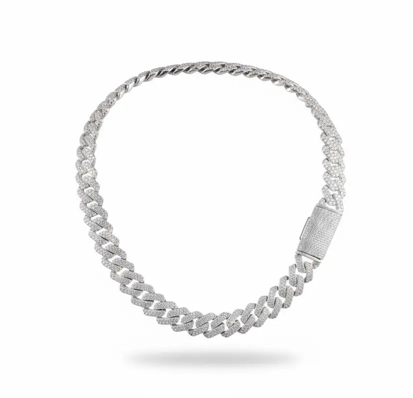 Cuban Moissanite Chain 12MMSilver chain necklace on a white background