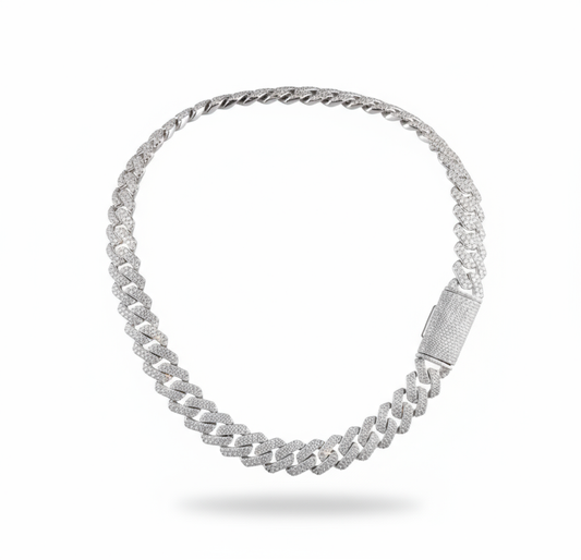 Cuban Moissanite Chain 12MMSilver chain necklace on a white background