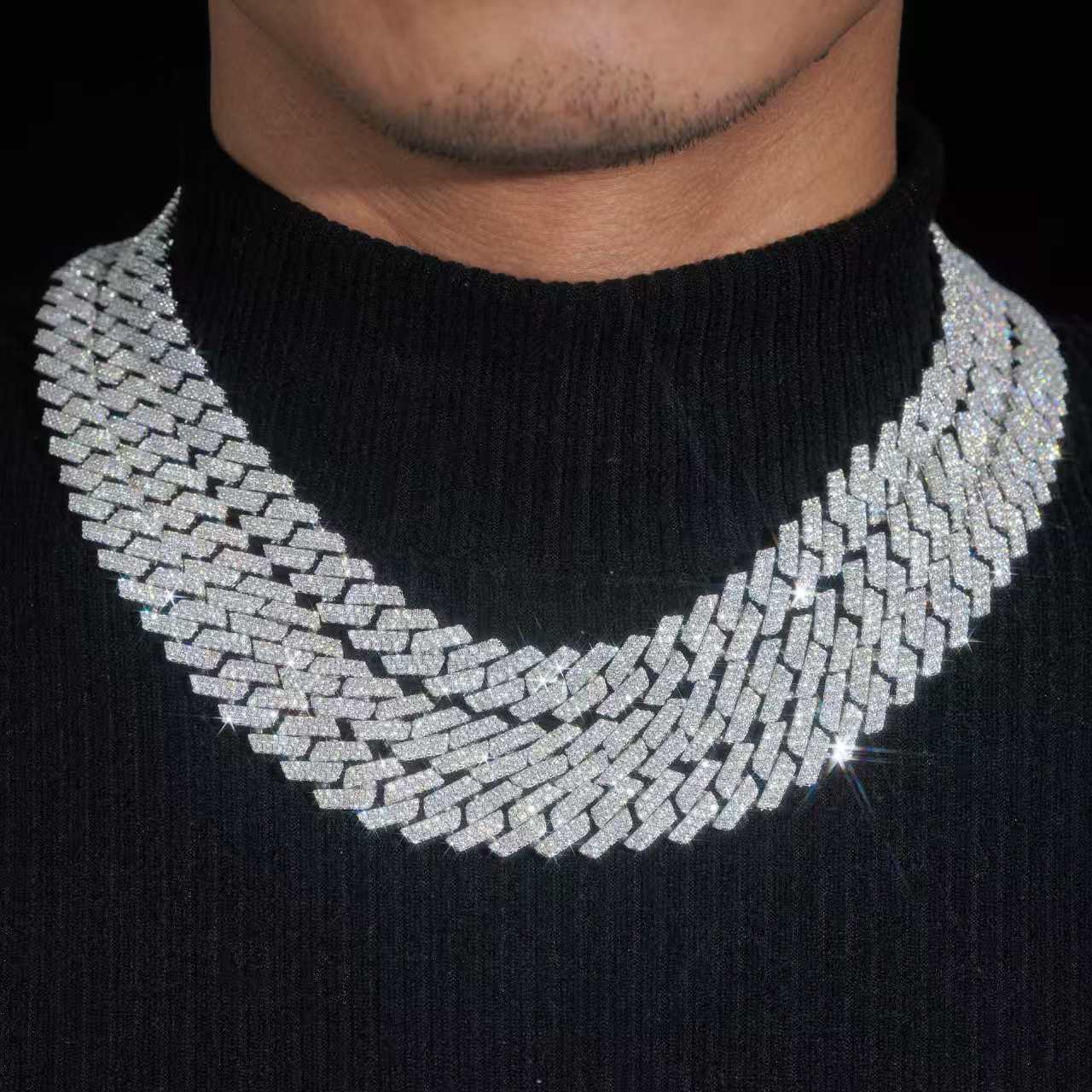 Cuban Moissanite Chain  13MMSilver chain necklace on a black sweater