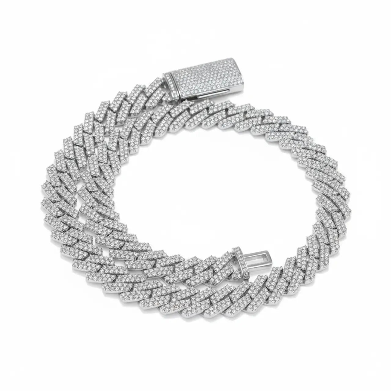 Cuban Moissanite Chain lcedOut Lock 15MMSilver bracelet with a clasp on a white background