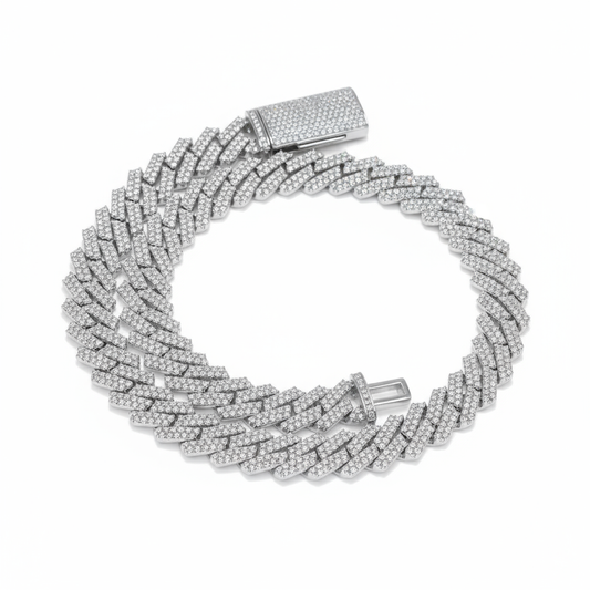 Cuban Moissanite Chain lcedOut Lock 15MMSilver bracelet with a clasp on a white background