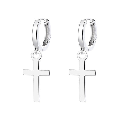 Silver hoop earrings with cross pendants on a white background
