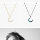Collection of moon-shaped necklaces in various colors with a model wearing one.