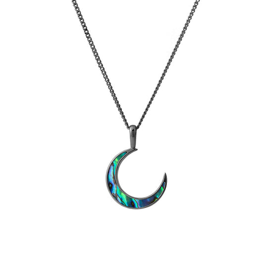 Crescent moon-shaped pendant with abalone shell inlay on a black chain against a white background