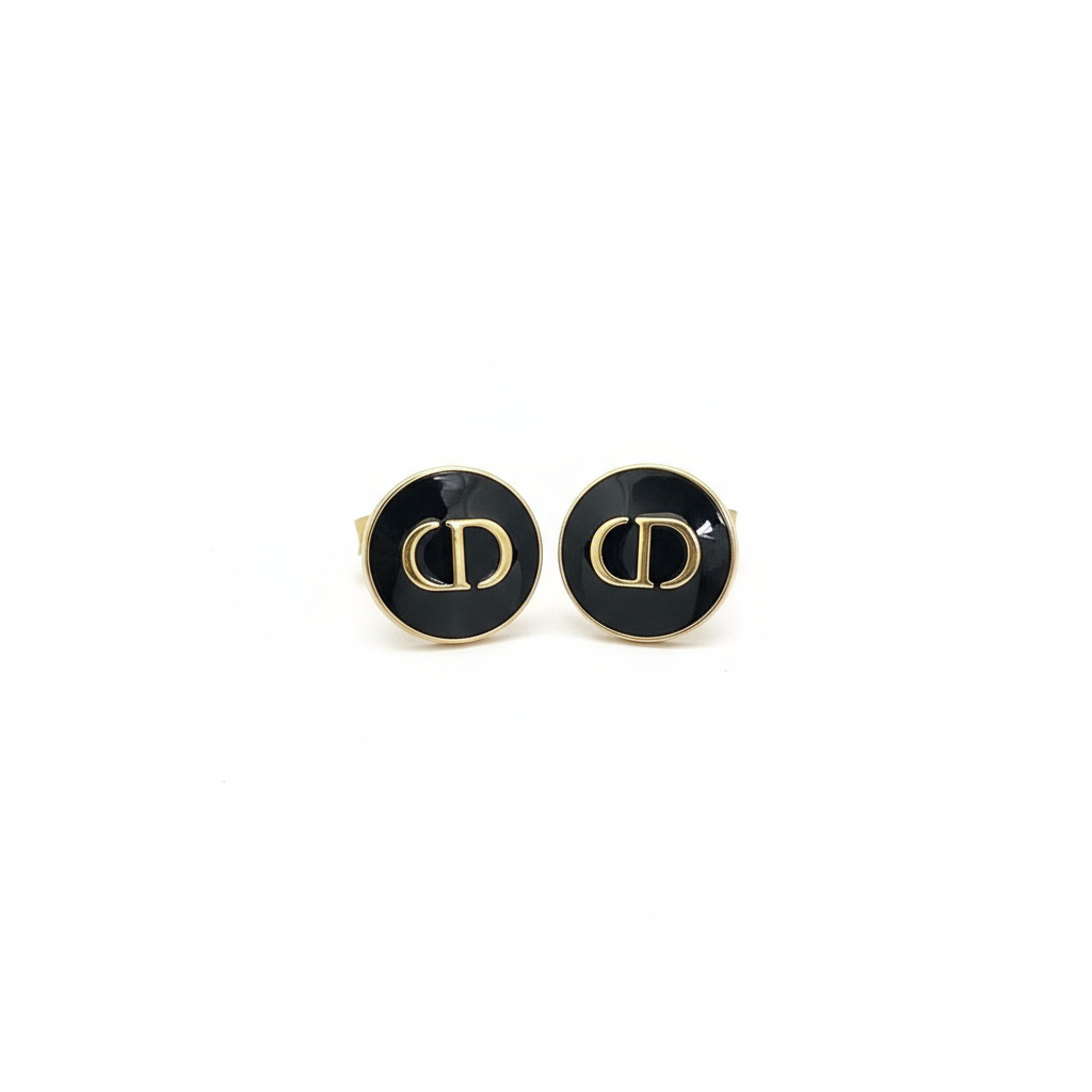 Dior Black CD Signature Stud Costume Jewelry Earrings on a white background