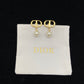 Gold earrings with pearls on a Dior branded pillow against a black background