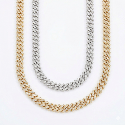 Two chain necklaces, one gold and one silver, on a white background.
