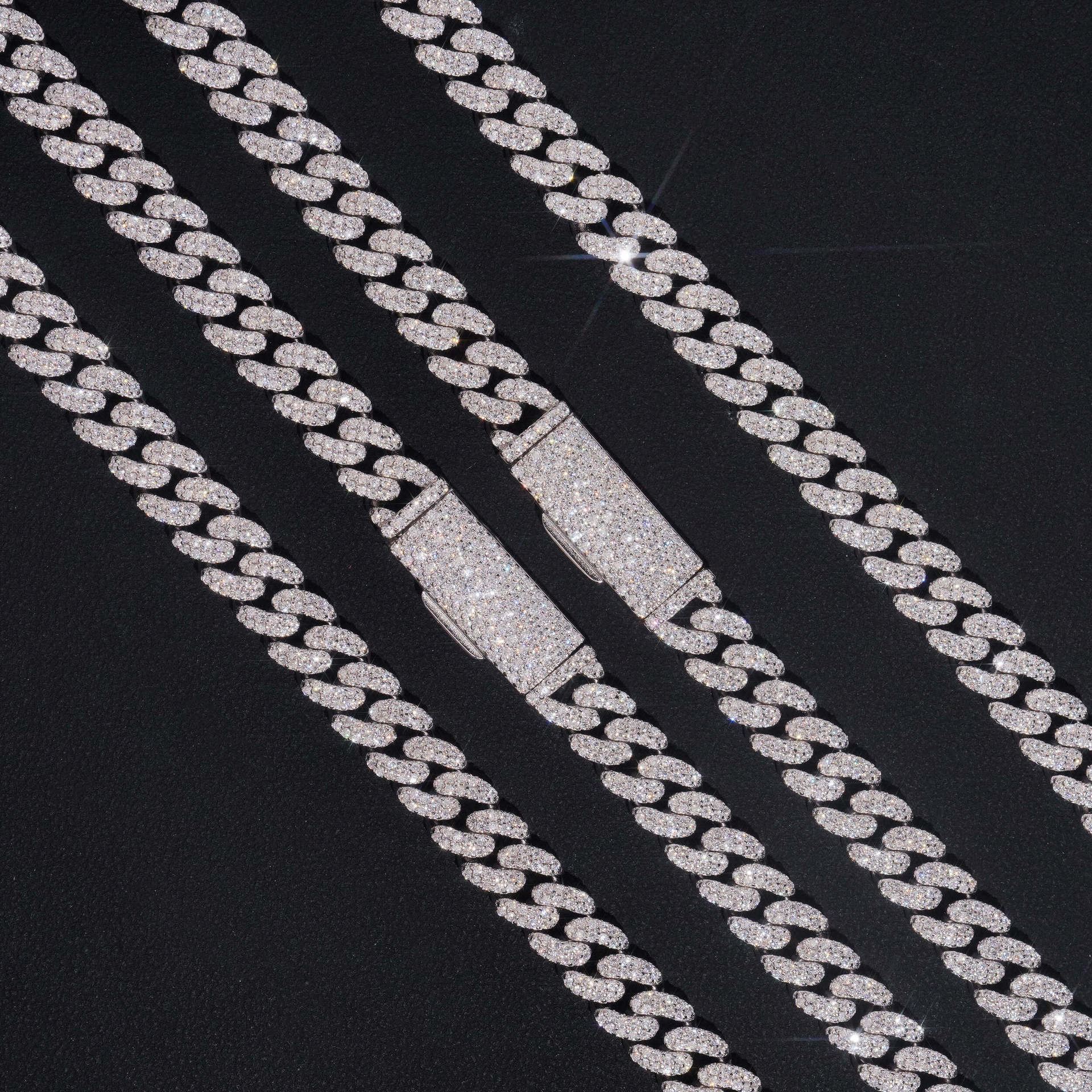  Focus on the double row Cuban link configuration, highlighting two parallel rows of interlocking links, dense micro-pavé moissanite coverage on both rows, and stone clarity.