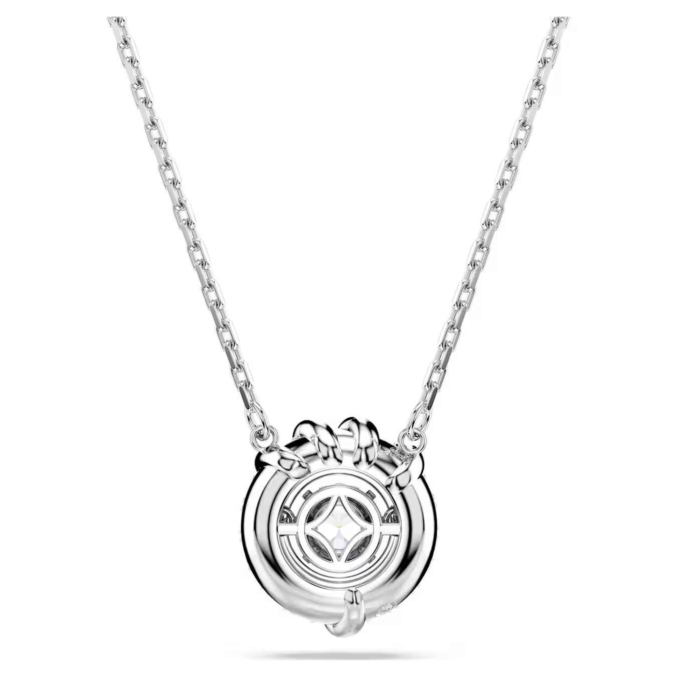 Dragon & Phoenix pendant Dragon’s claw,Rhodium platedSilver necklace with a round pendant on a white background