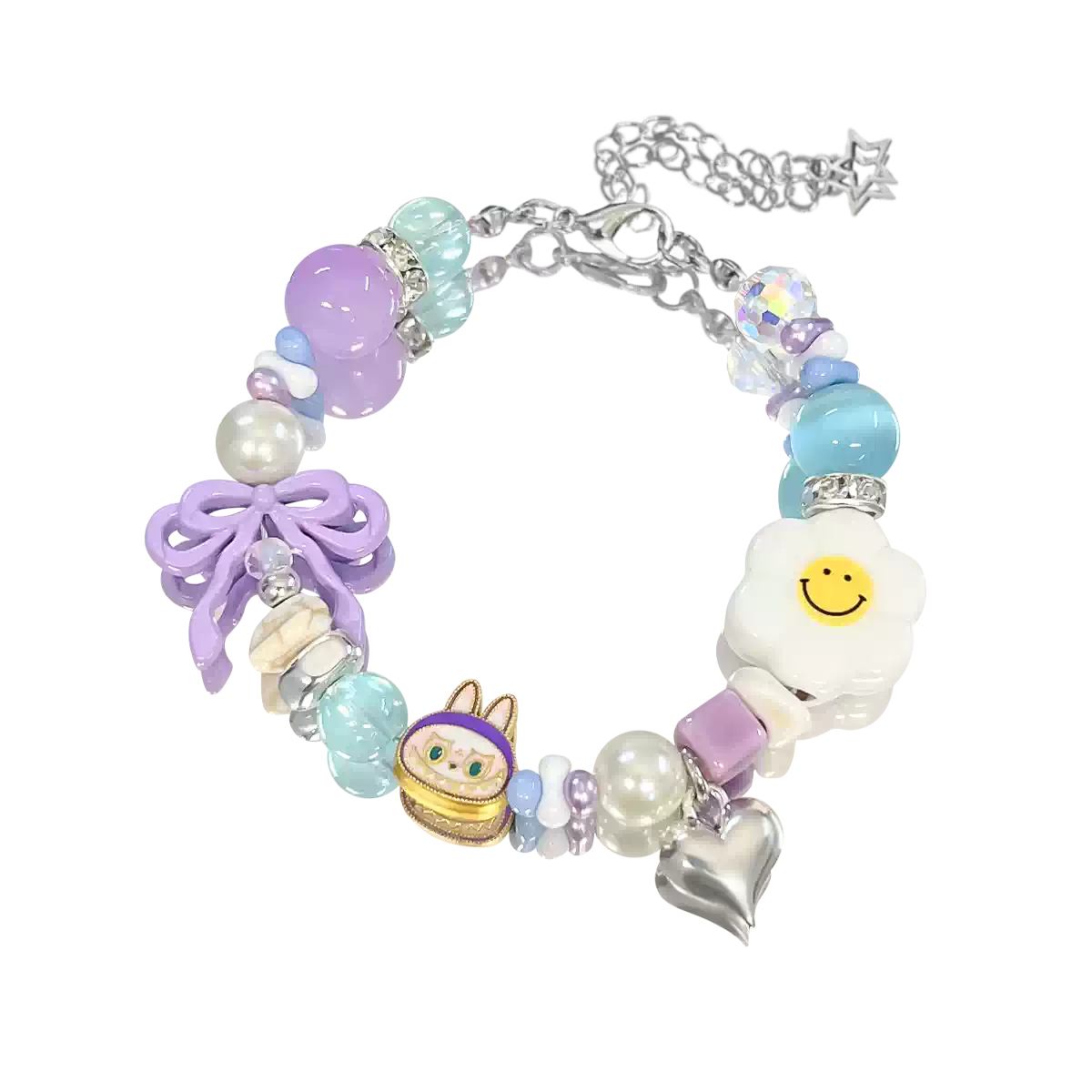 Colorful bracelet with various charms on a white background
