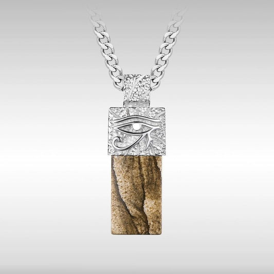 Necklace with a square pendant featuring an eye design and wooden texture on a white background