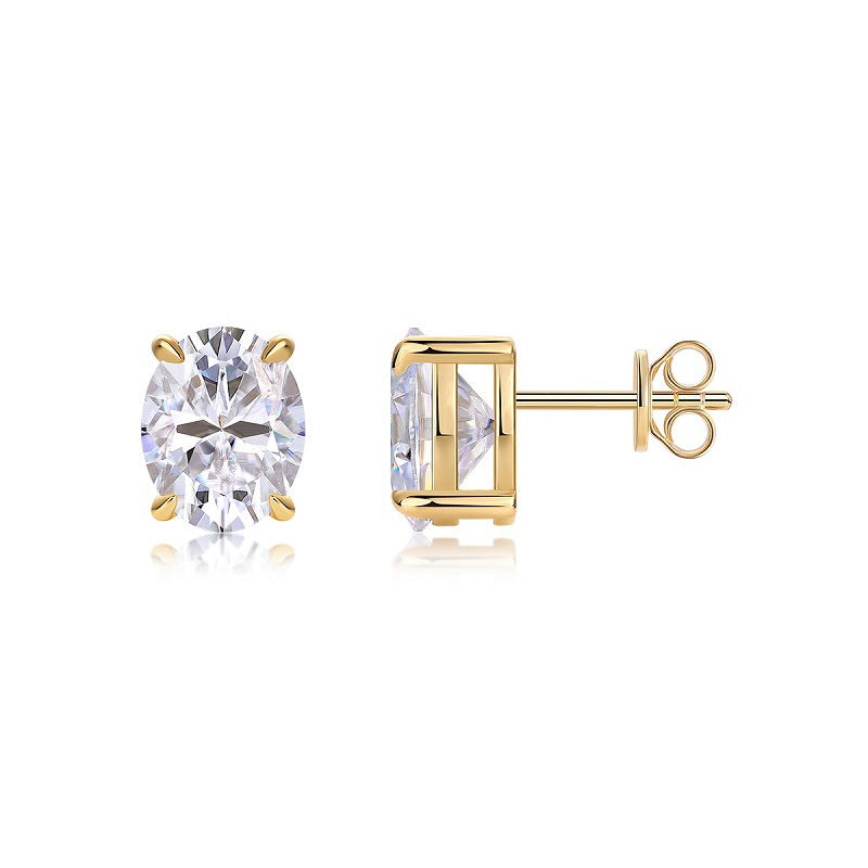 Gold oval moissanite studs on neutral or elegant background. Alt: “Four-Prong Oval Moissanite Stud Earrings – 18K Gold Plated Sterling Silver.”