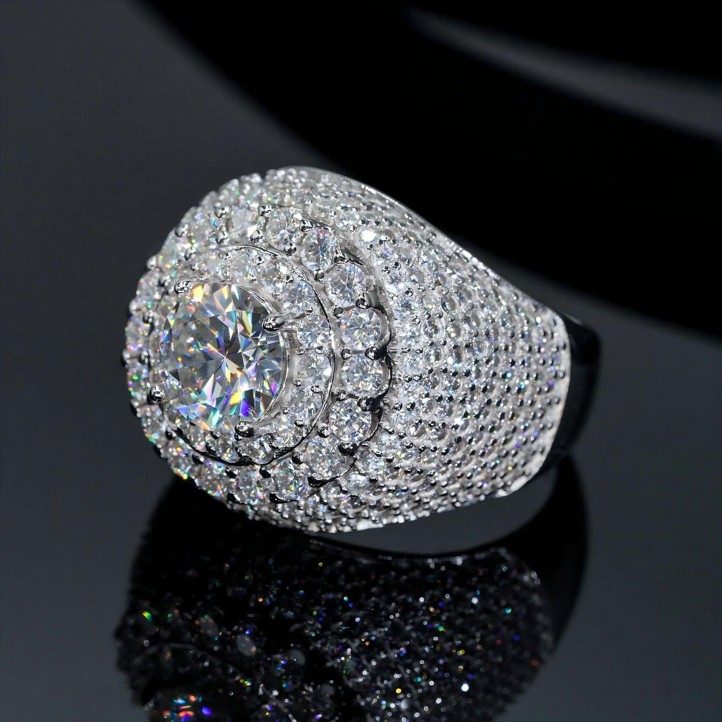 White gold cluster ring on dark background, showing full ice sparkle. Alt: “Full Iced Out Rapper Cluster Halo Ring – 18K White Gold.”