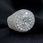 White gold cluster ring on dark background, showing full ice sparkle. Alt: “Full Iced Out Rapper Cluster Halo Ring – 18K White Gold.”