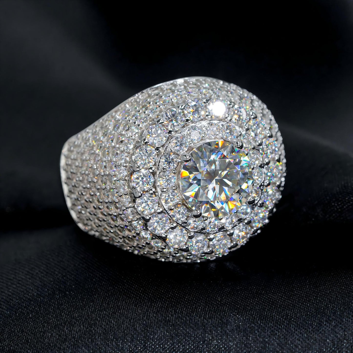 White gold cluster ring on dark background, showing full ice sparkle. Alt: “Full Iced Out Rapper Cluster Halo Ring – 18K White Gold.”