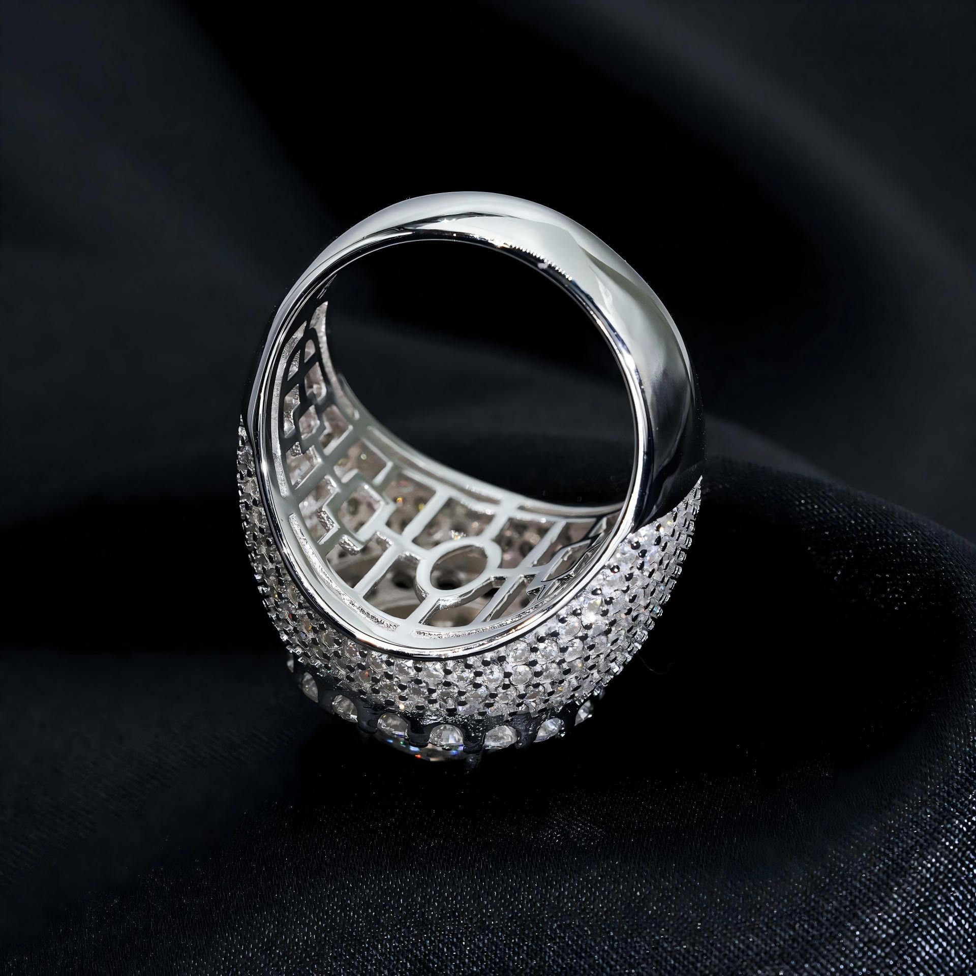 White gold cluster ring on dark background, showing full ice sparkle. Alt: “Full Iced Out Rapper Cluster Halo Ring – 18K White Gold.”