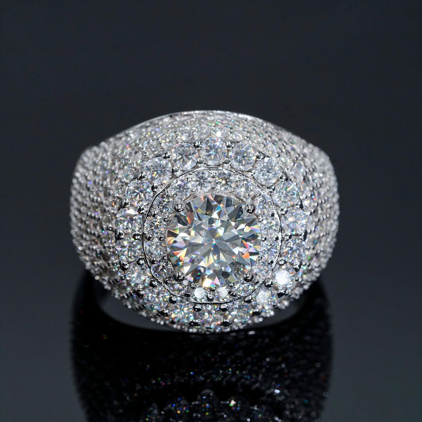 White gold cluster ring on dark background, showing full ice sparkle. Alt: “Full Iced Out Rapper Cluster Halo Ring – 18K White Gold.”