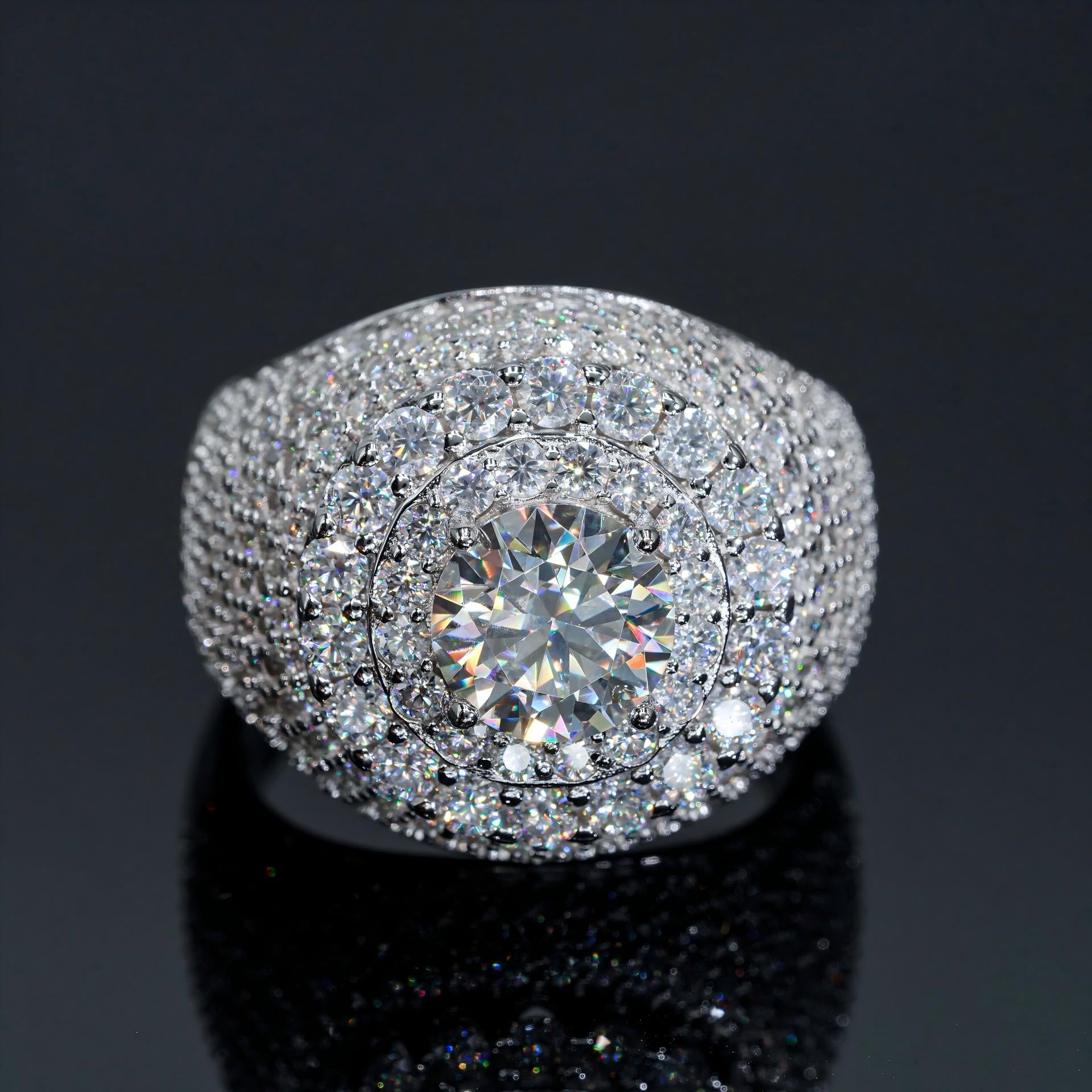 White gold cluster ring on dark background, showing full ice sparkle. Alt: “Full Iced Out Rapper Cluster Halo Ring – 18K White Gold.”