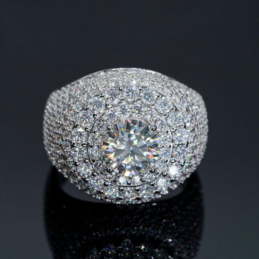 White gold cluster ring on dark background, showing full ice sparkle. Alt: “Full Iced Out Rapper Cluster Halo Ring – 18K White Gold.”