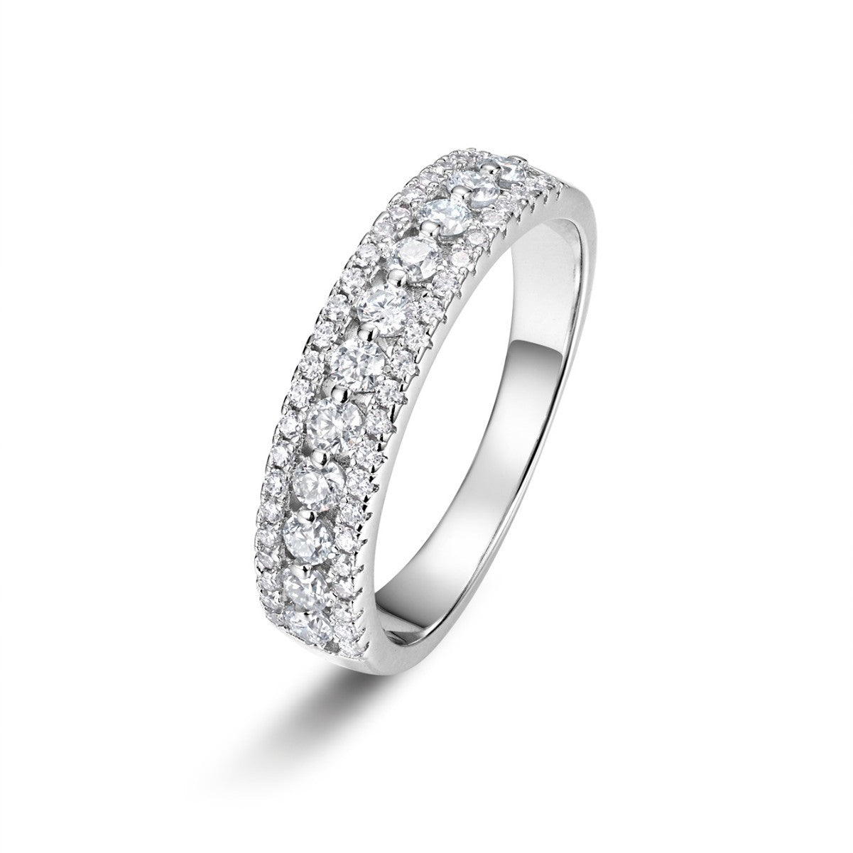 Continuous moissanite stones on band with matching center halo.