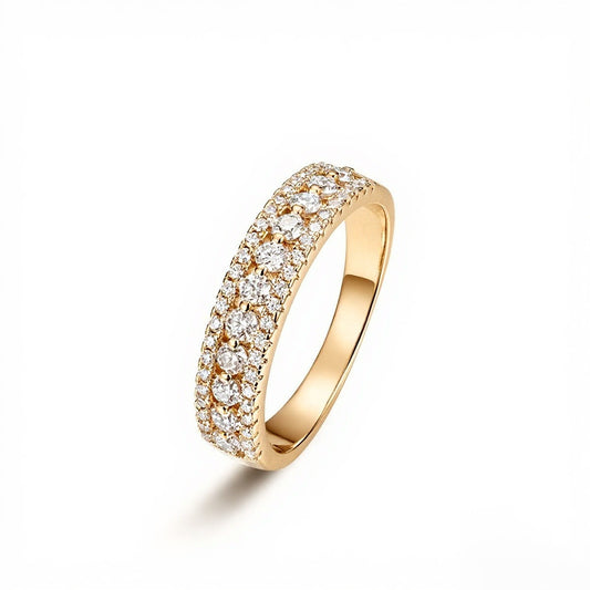 Continuous moissanite stones on band with matching center halo.