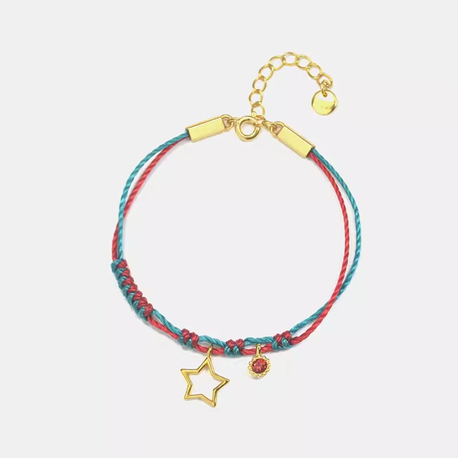  This Gold-Plated Sterling Silver Star Bracelet combines vibrant red and green braided cords with a finely crafted five-pointed star charm.