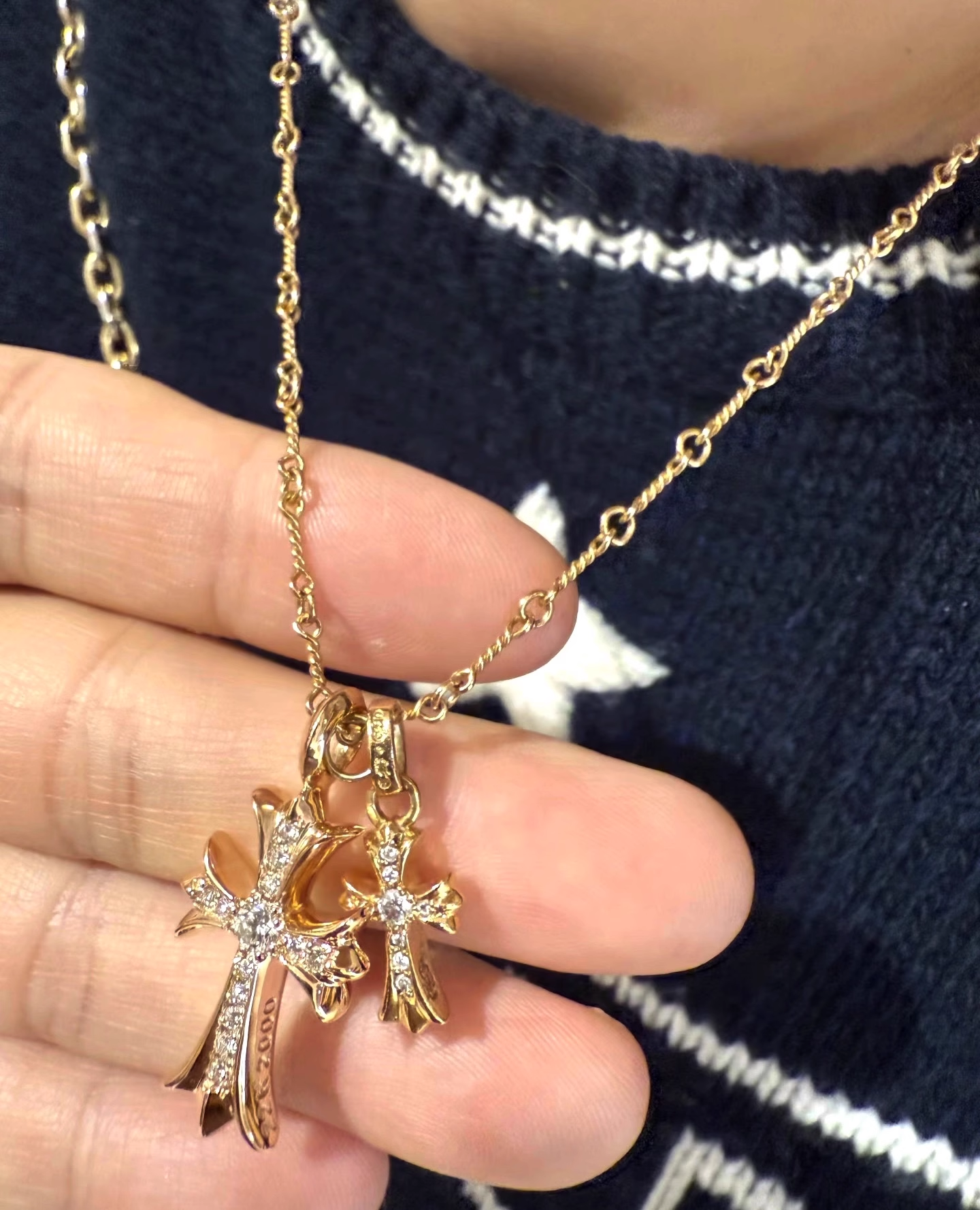 “Male model layering gothic double cross silver gold necklace with casual outfit”