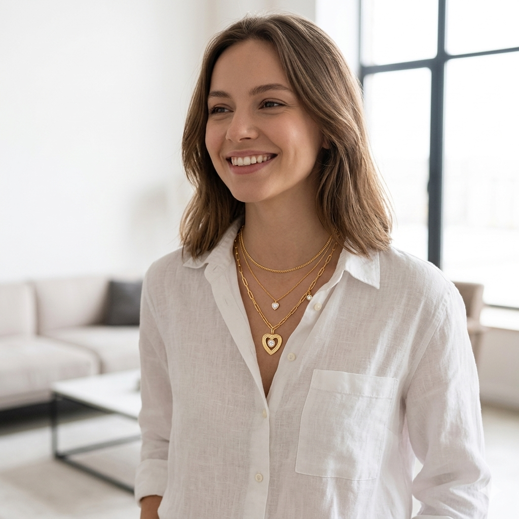Female model wearing both necklaces layered together on bare skin or with an outfit.