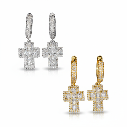 Hip-hop_moissanite_cross_earrings_for_men_and_women._925_SterlingSilver-1Pair of diamond-cross earrings in silver and gold on a white background